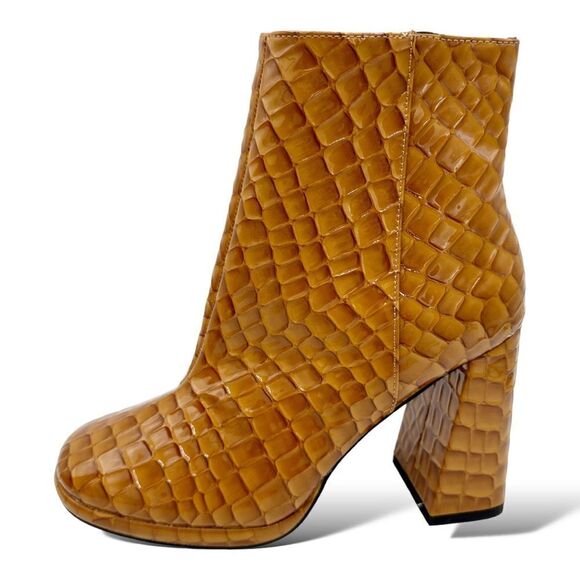 Miss Selfridge Bougie Tan Patent Croc Platform Chunky Heel Bootie Sz 6 - Picture 1 of 12